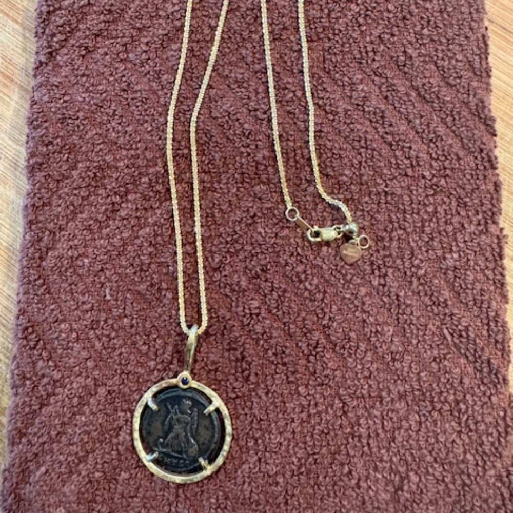 Ancient Coin Pendant Necklace | 14kt Gold Spiga Chain | Sapphire | Nike Victory - Picture 3 of 8